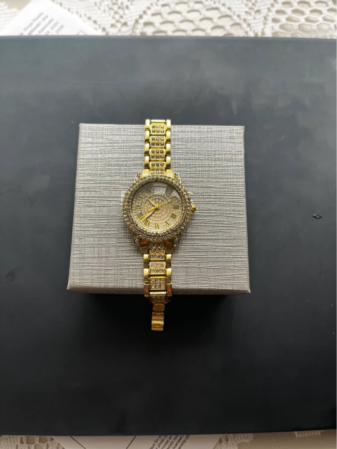 Gold plated watch with real crystals