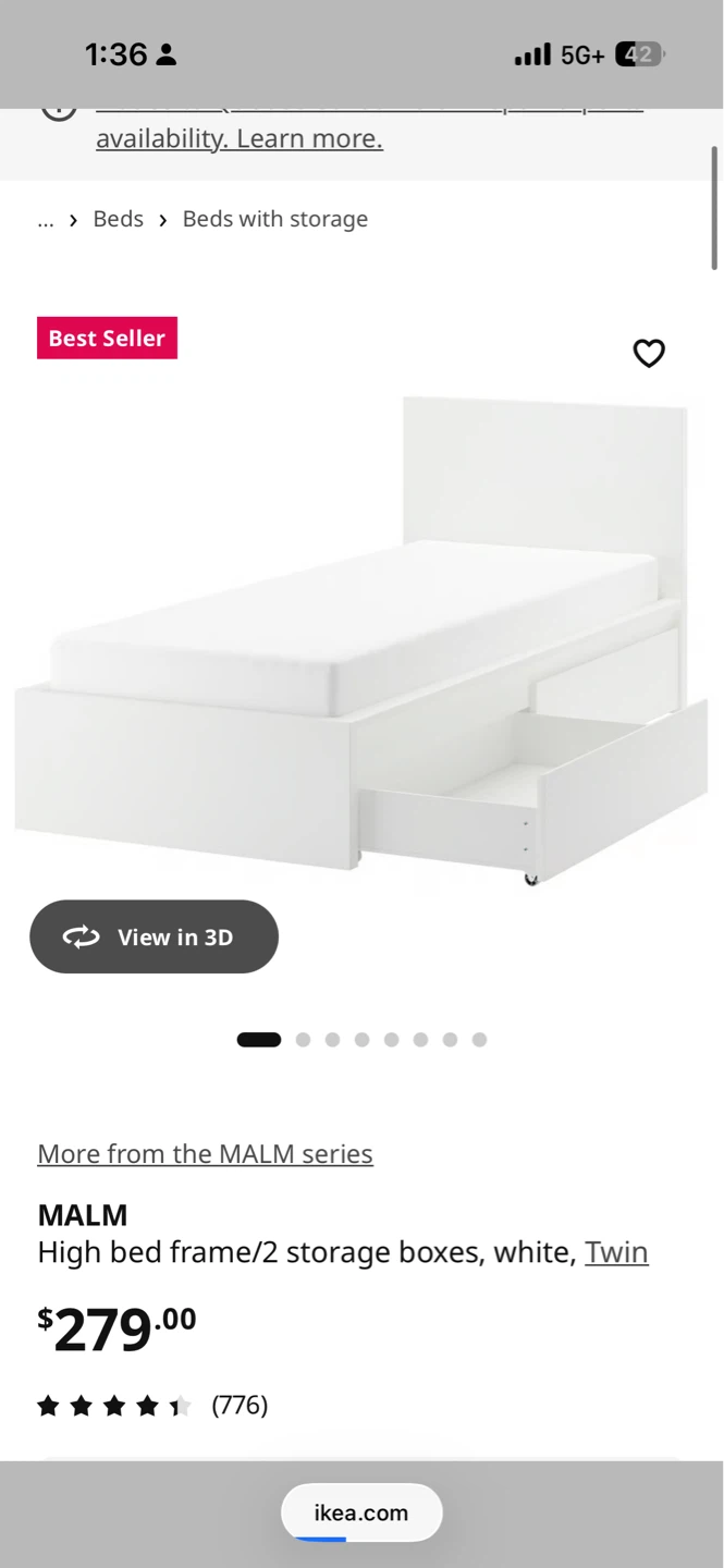 IKEA MALM High Bed Frame with 2 Storage Boxes - White - Twin - photo 3