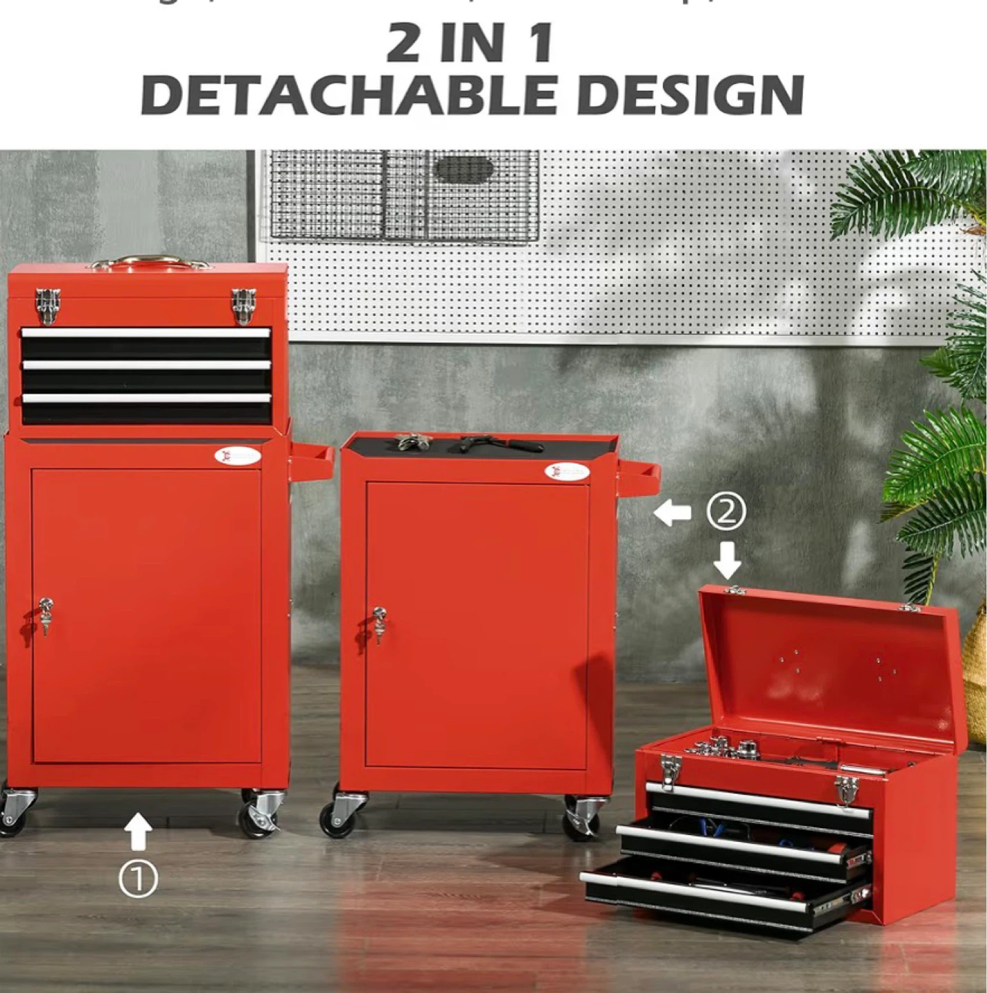 DURHAND 3-Drawer Rolling Tool Chest with Storage Cabinet - Red - photo 3