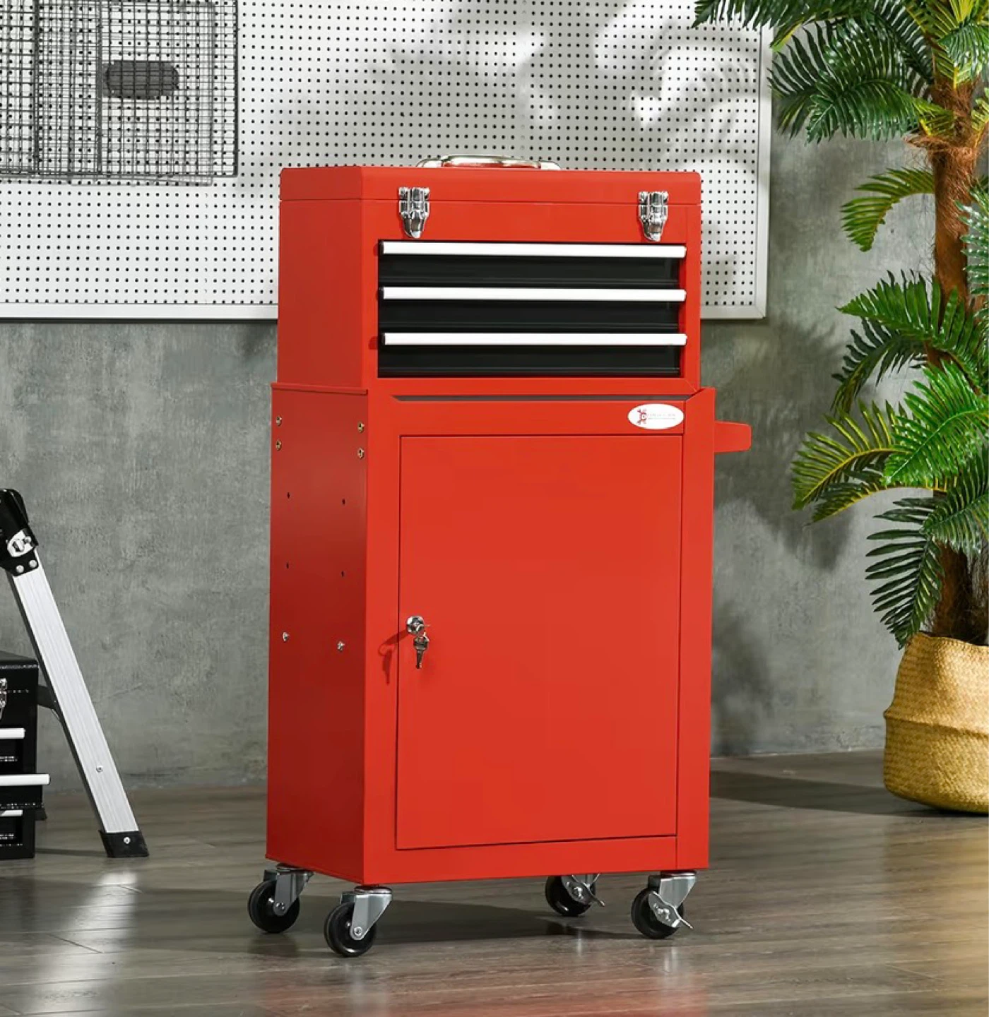 DURHAND 3-Drawer Rolling Tool Chest with Storage Cabinet - Red