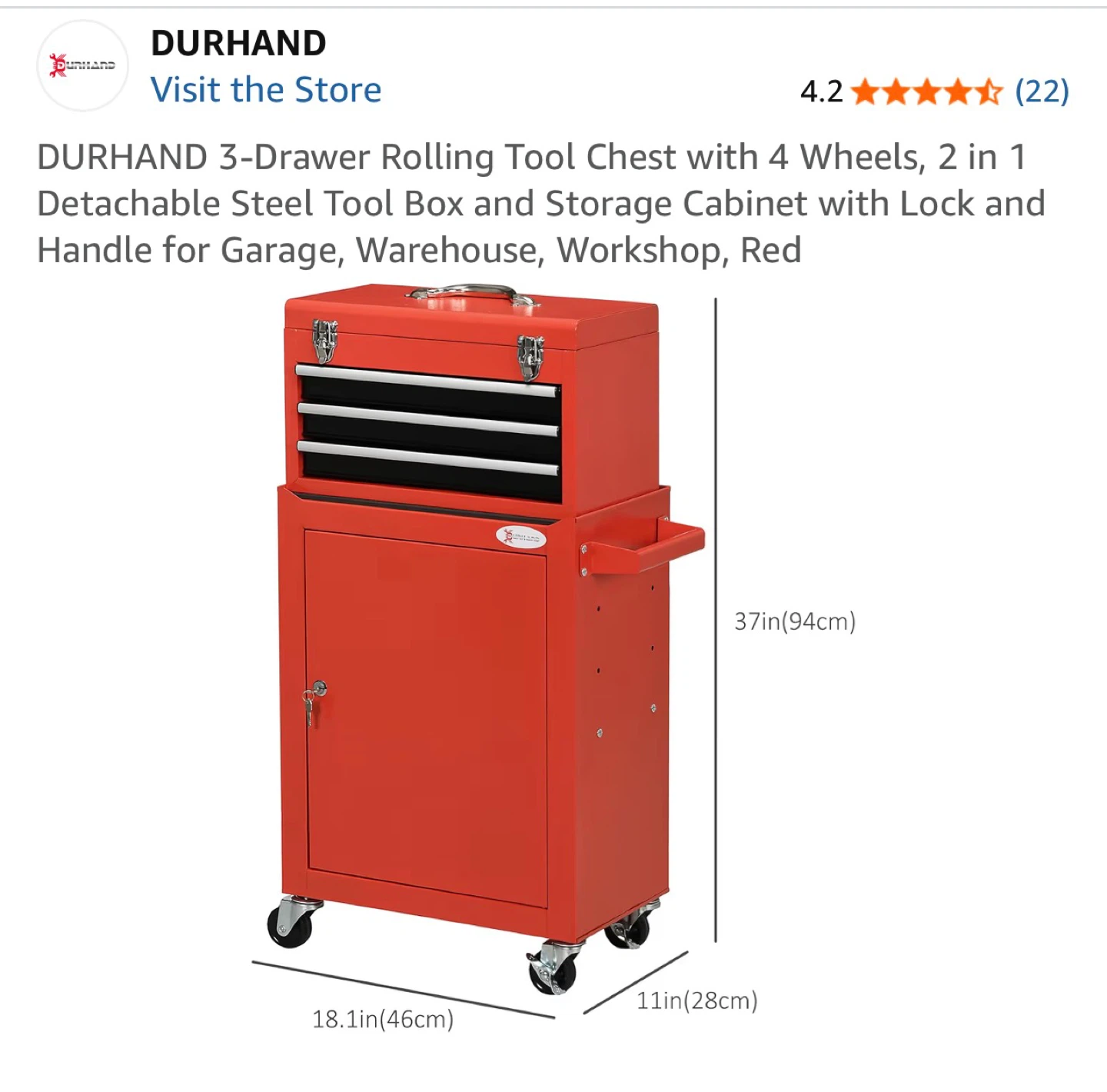 DURHAND 3-Drawer Rolling Tool Chest with Storage Cabinet - Red - photo 2