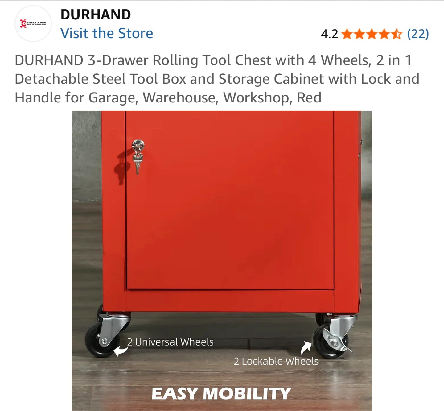 DURHAND 3-Drawer Rolling Tool Chest with Storage Cabinet - Red - photo 5