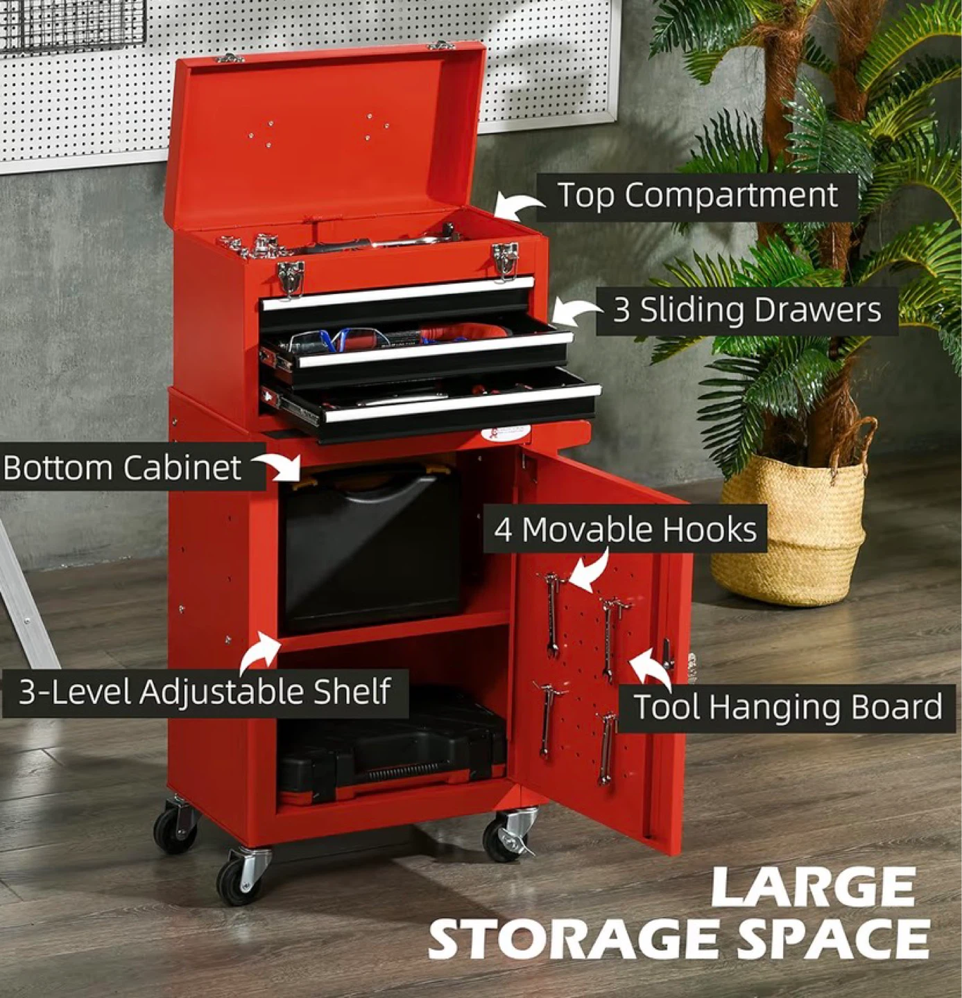 DURHAND 3-Drawer Rolling Tool Chest with Storage Cabinet - Red - photo 4