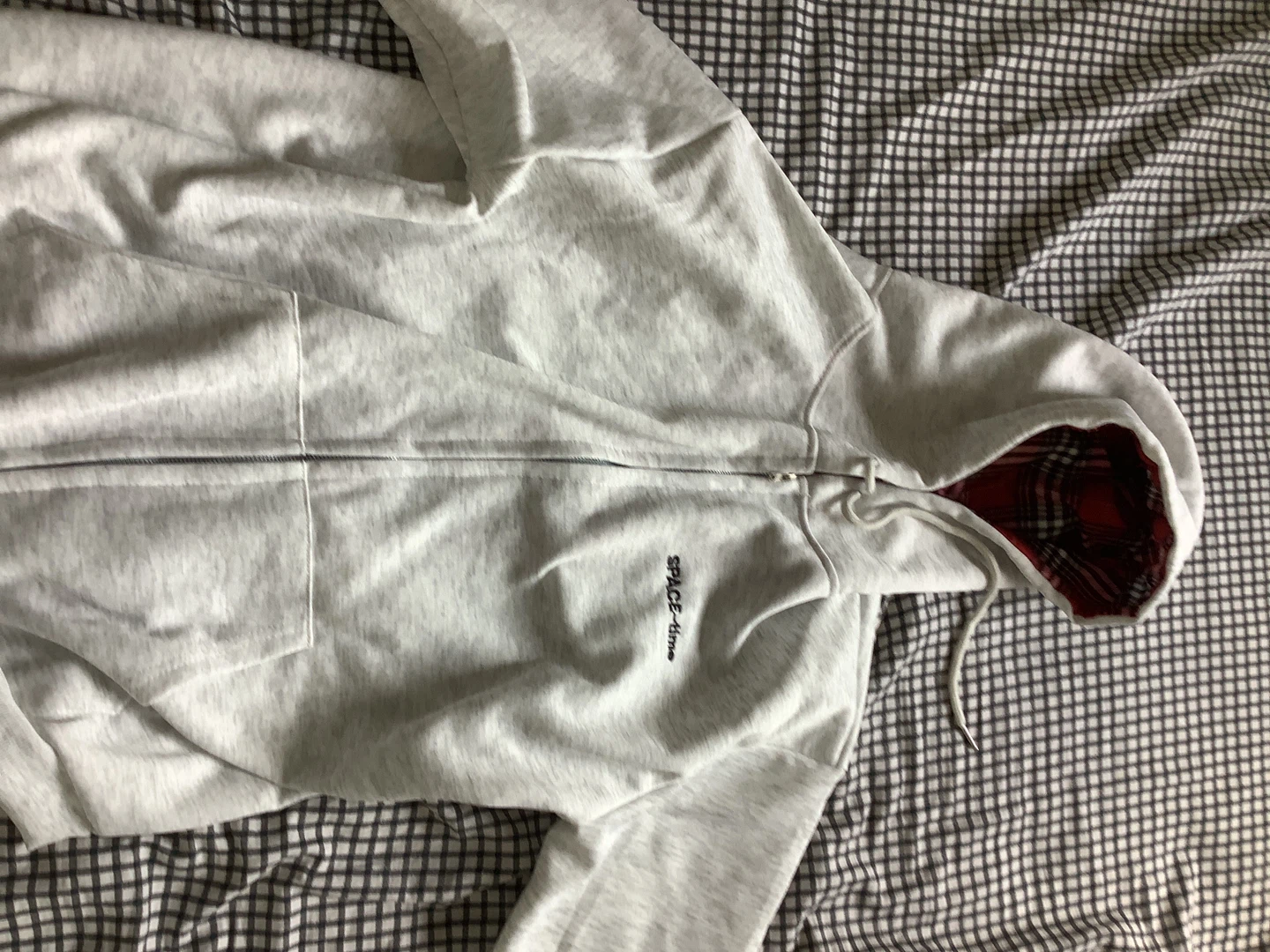 Grey Zip-Up Hoodie with Plaid Lining