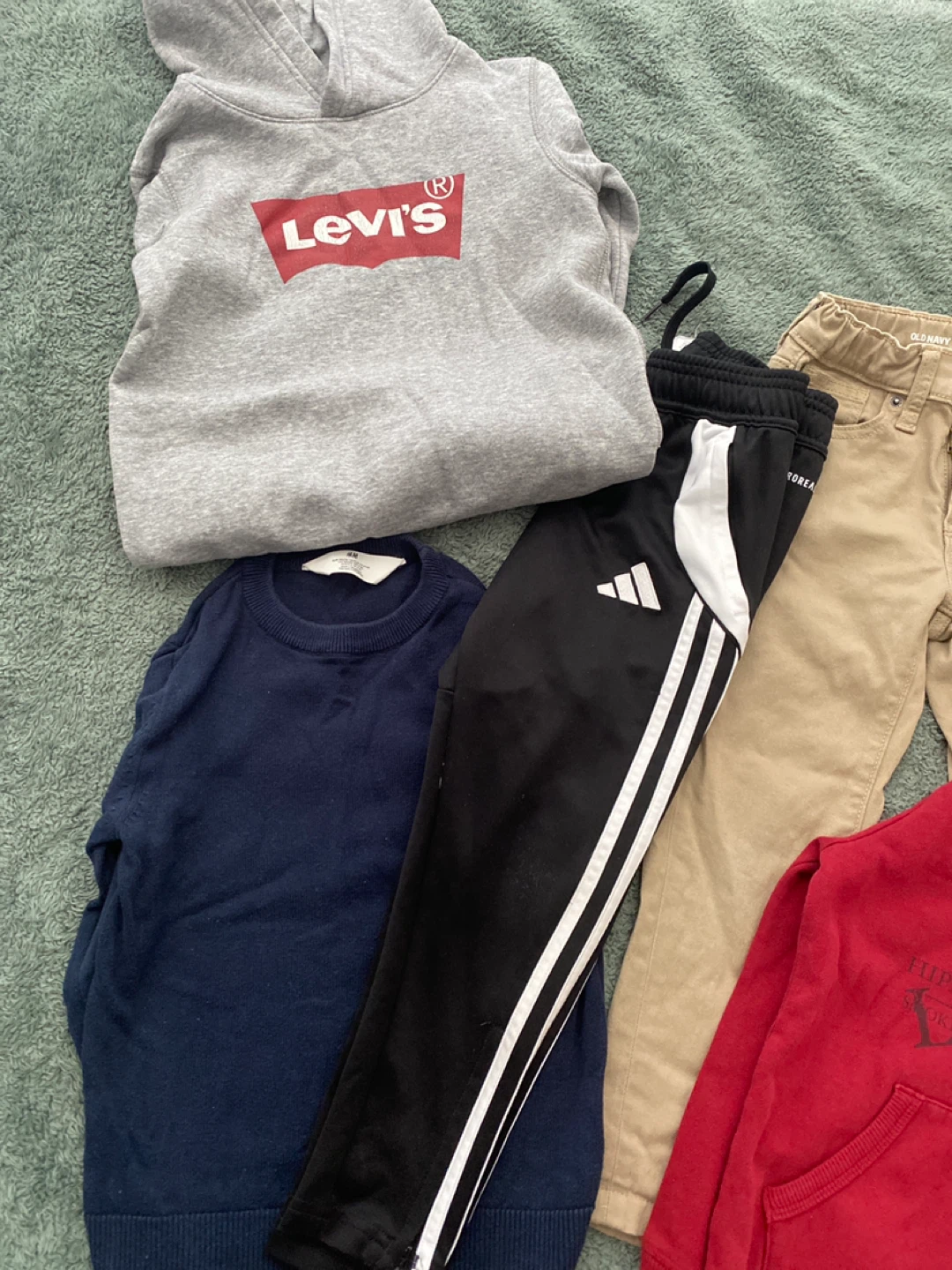 Levi's, Adidas, Old Navy, and Red Hoodie Bundle