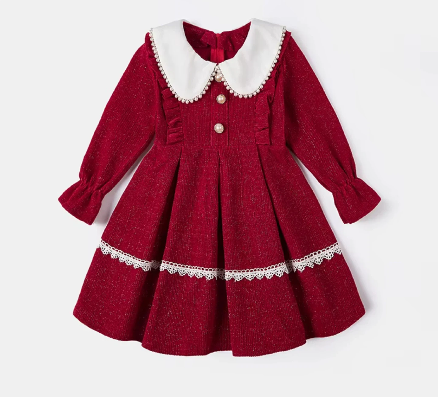 7-10YO Girl's Red Sparkly Dress with White Collar