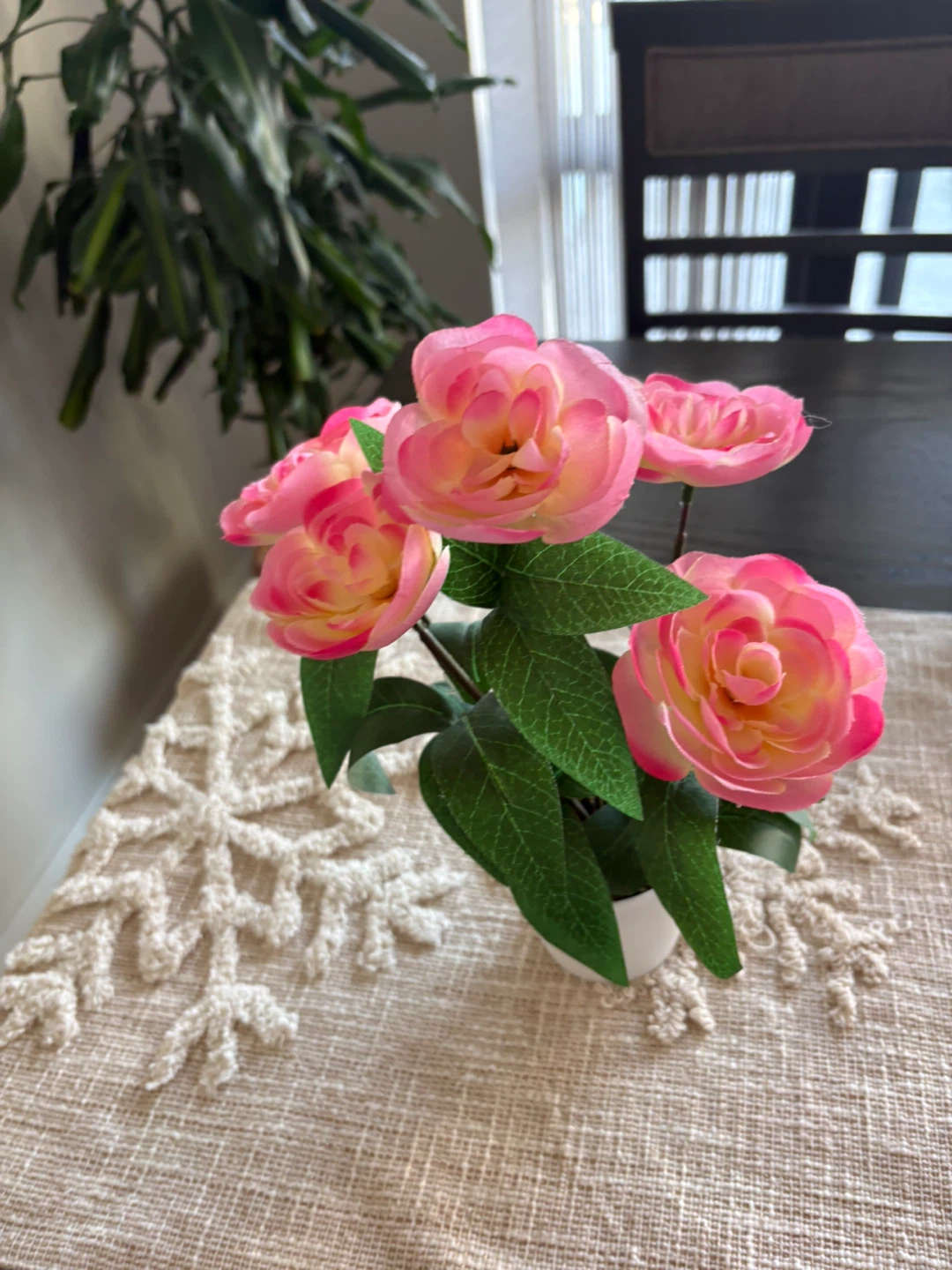 Pink Artificial Flowers in White Pot