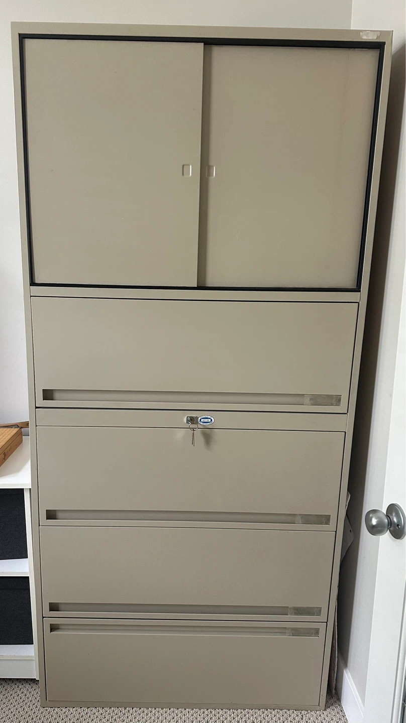 Tan Metal Filing Cabinet with Sliding Doors