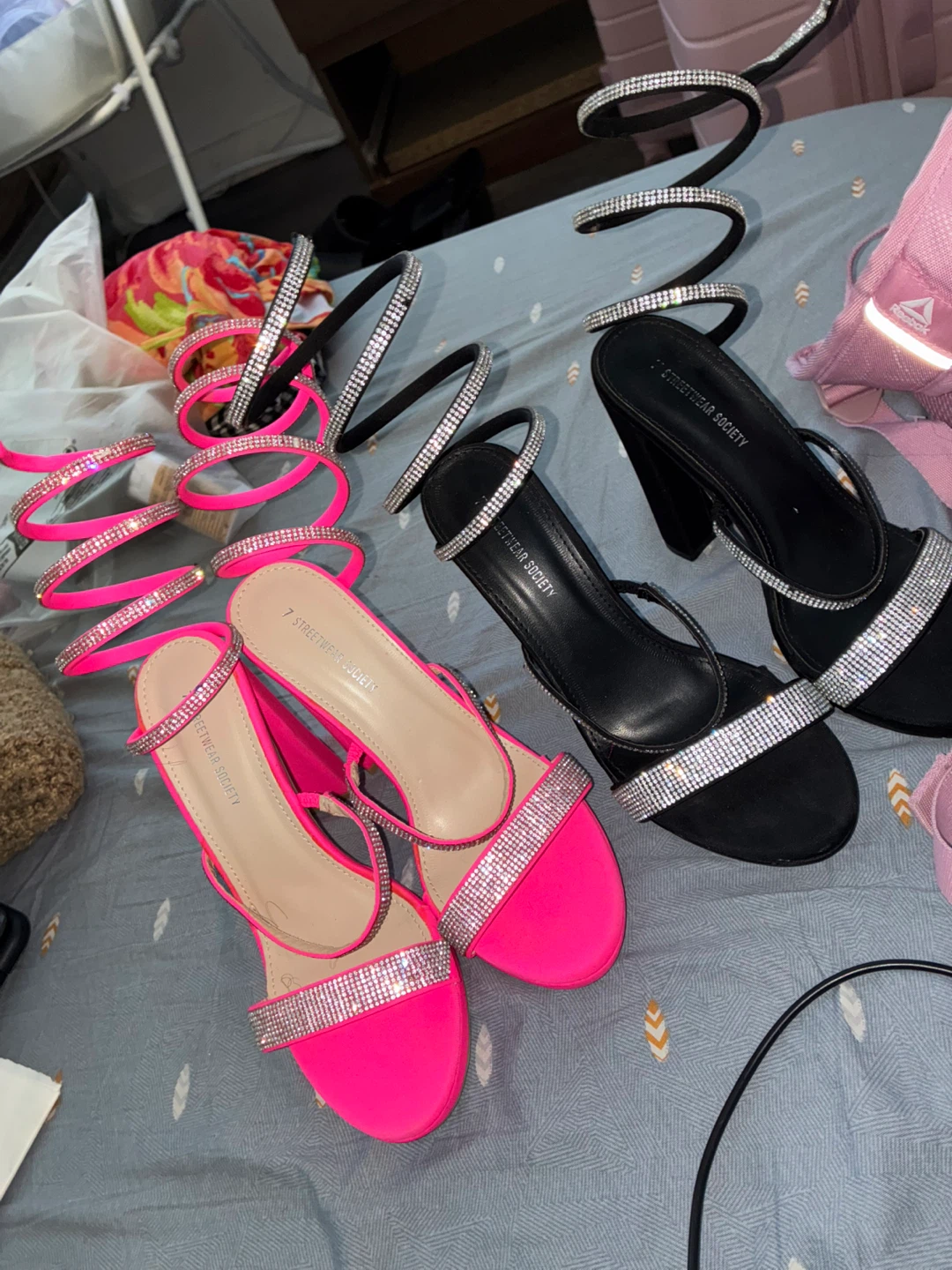 Streetwear Society Rhinestone Wrap Heels - Pink & Black