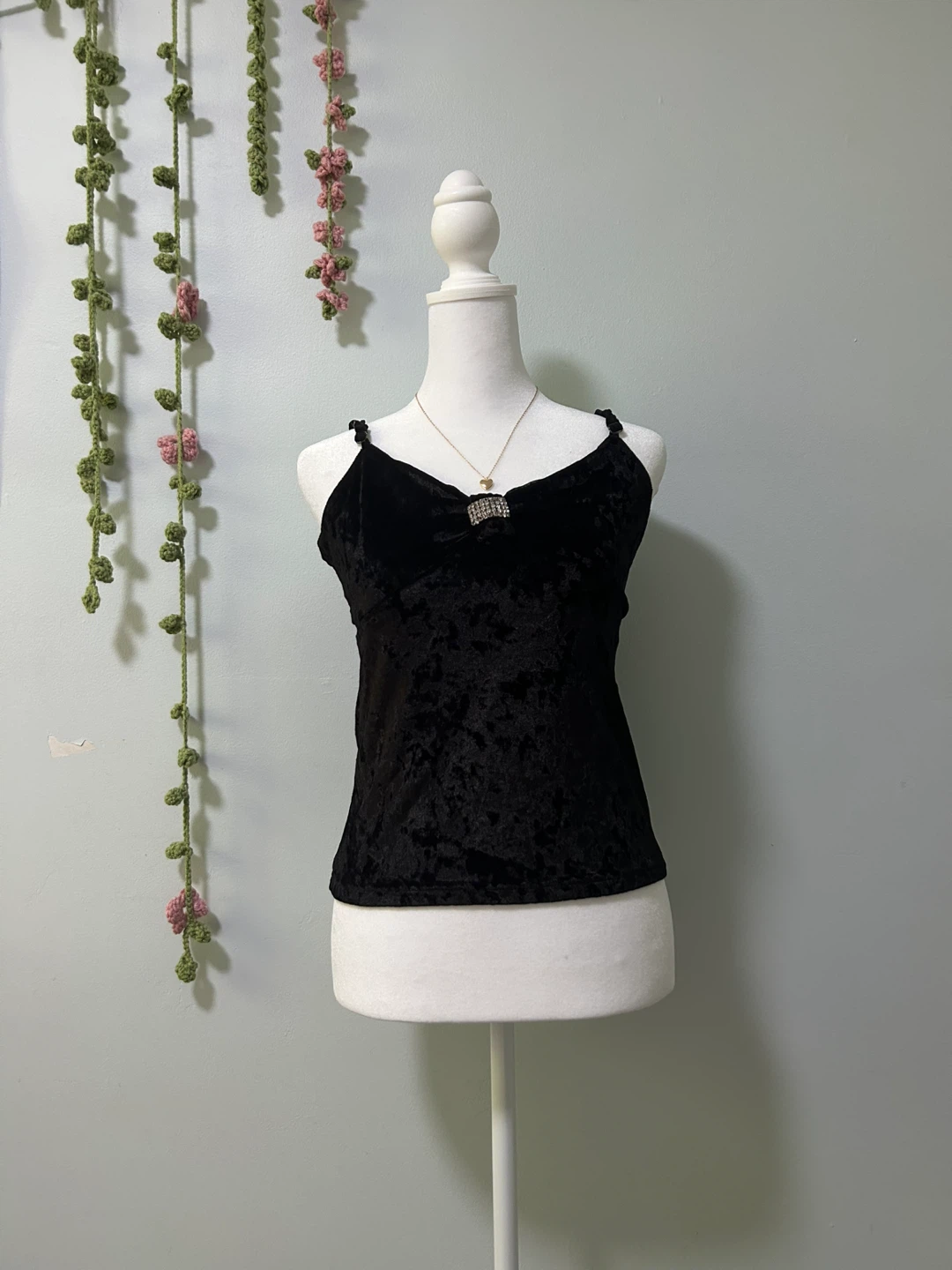 Black velvet cami with rhinestone detail