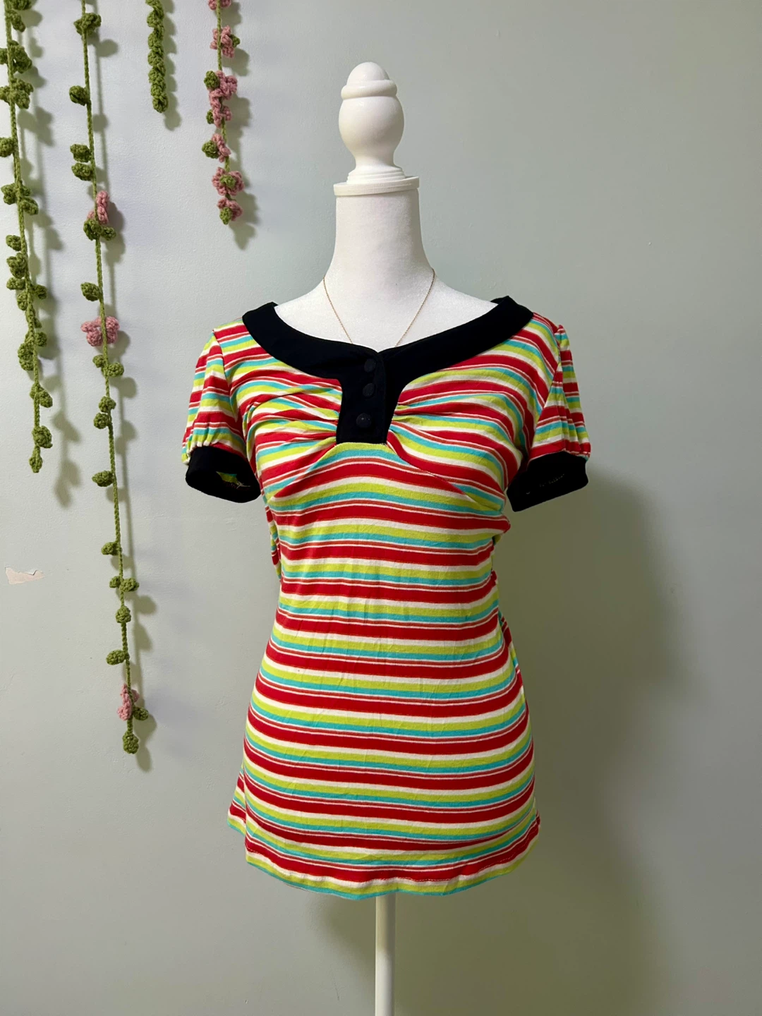 Red, Yellow, Blue Striped Short Sleeve Top