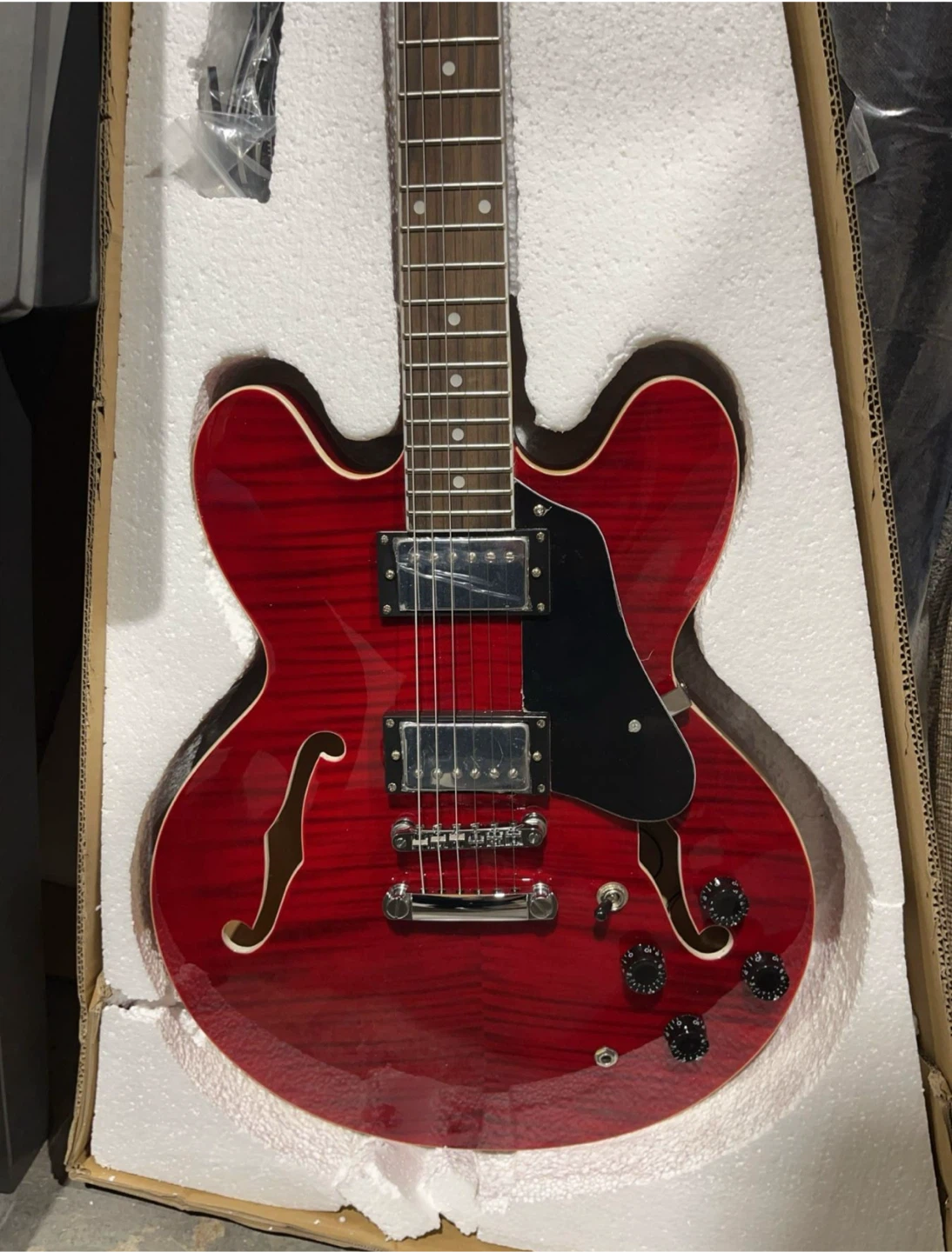 Musoo 335 Style Jazz Electric Guitar - Red Flame Maple Top - photo 2