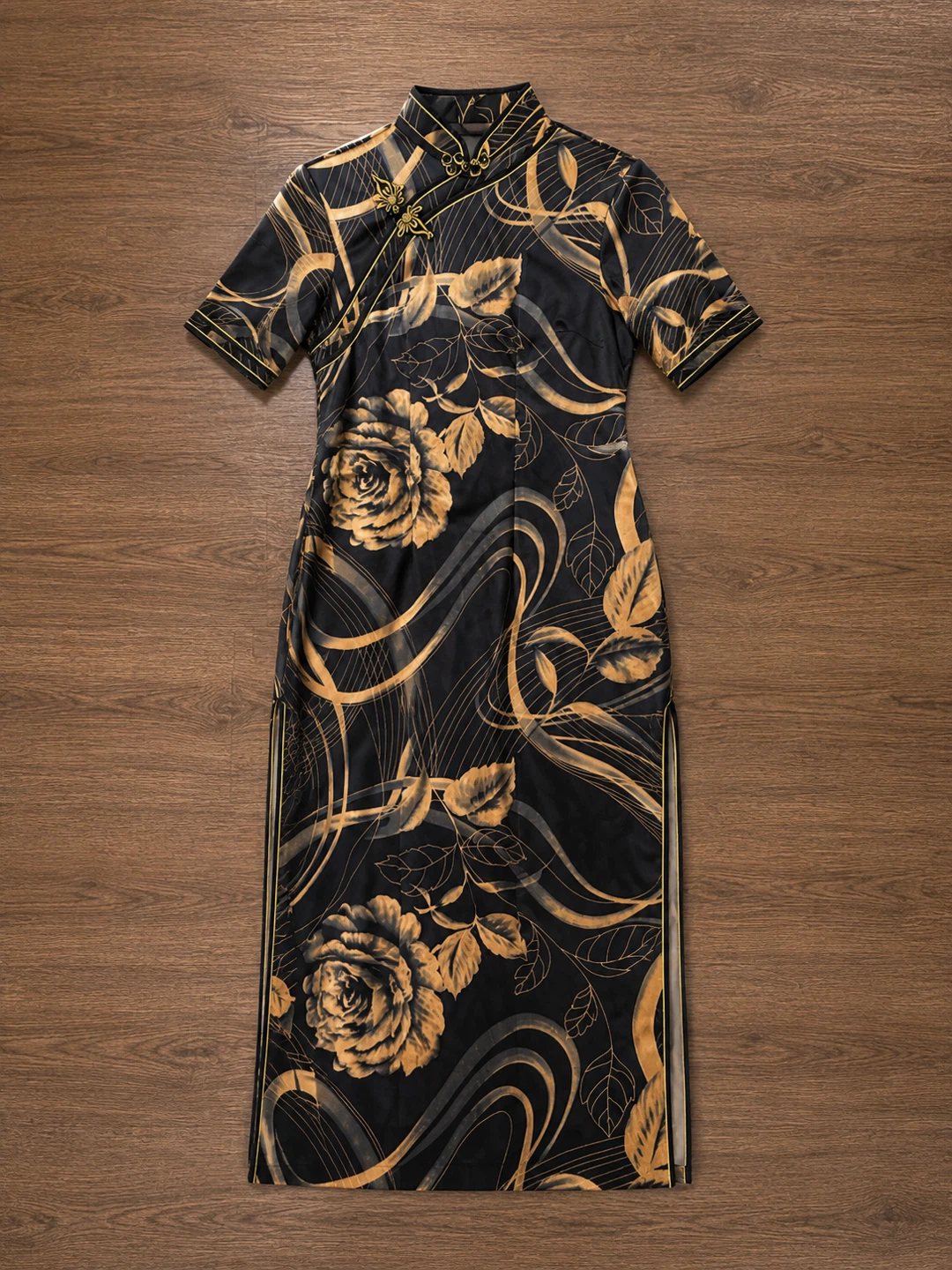 Black & Gold Floral Qipao Dress