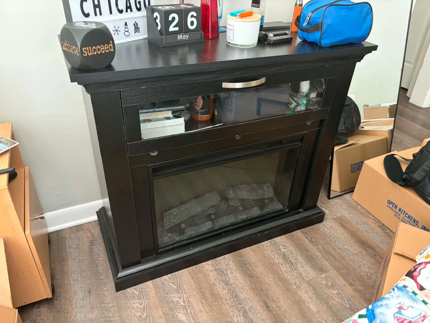 Black Electric Fireplace with Glass Doors
