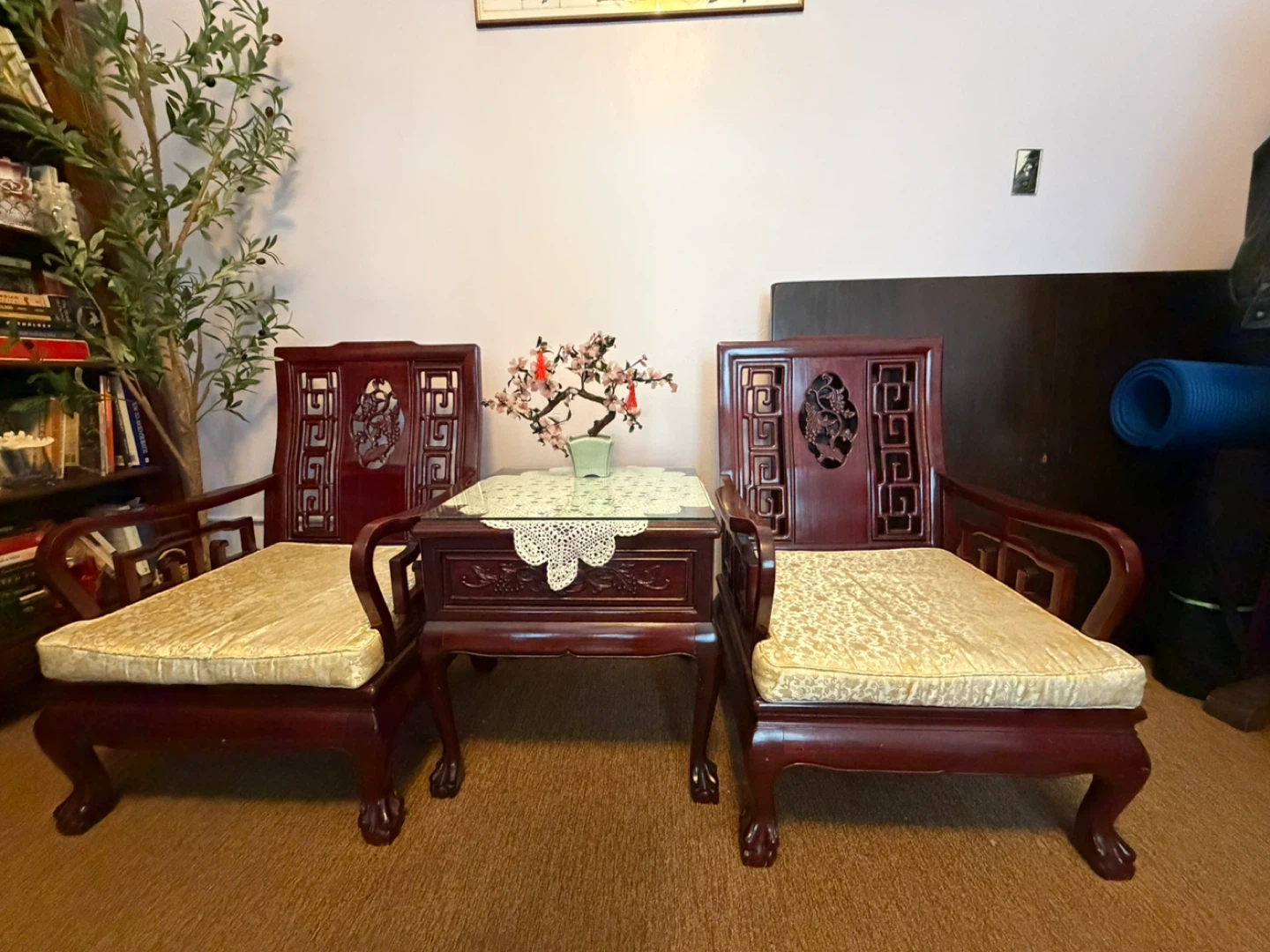 Chinese Rosewood Armchairs and a side table with Carved Details