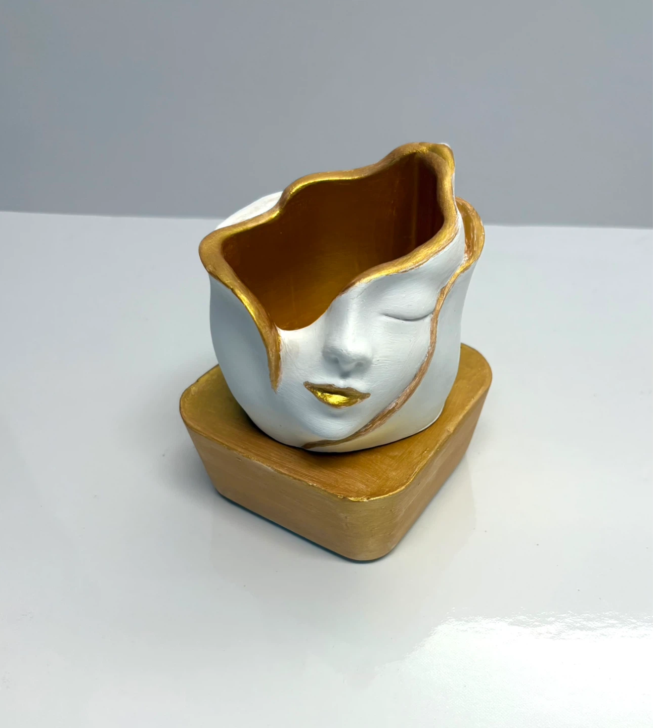Handmade face sculpture planter or trinket box