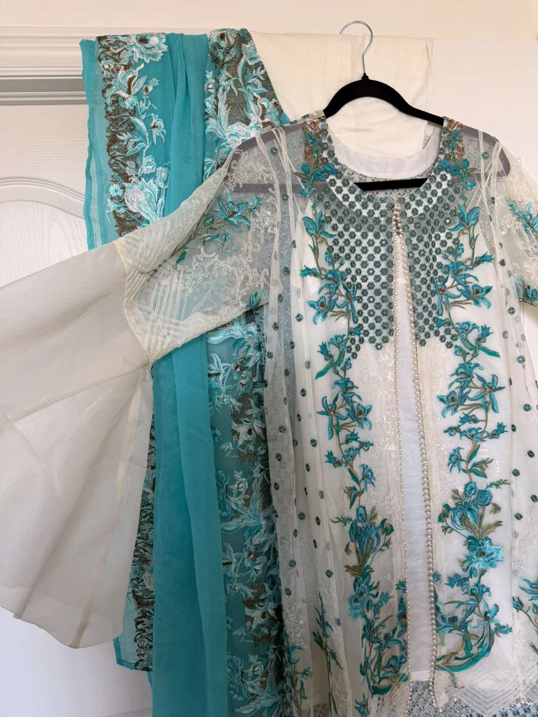 Embellished Net Short Coat - 4 pcs with Dupatta