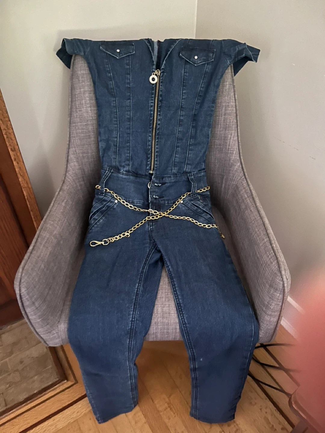 Denim Jumpsuit with Gold Chain Belt