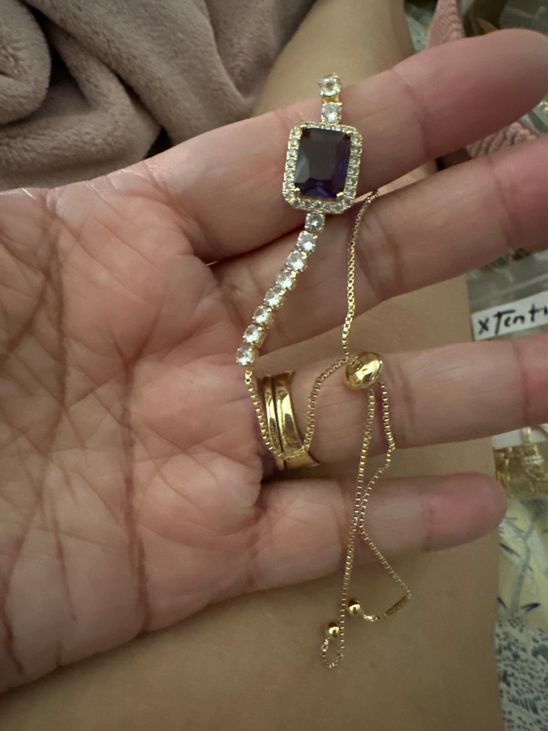 Gold laminated adjustable bracelet with large purple gemstone - photo 2