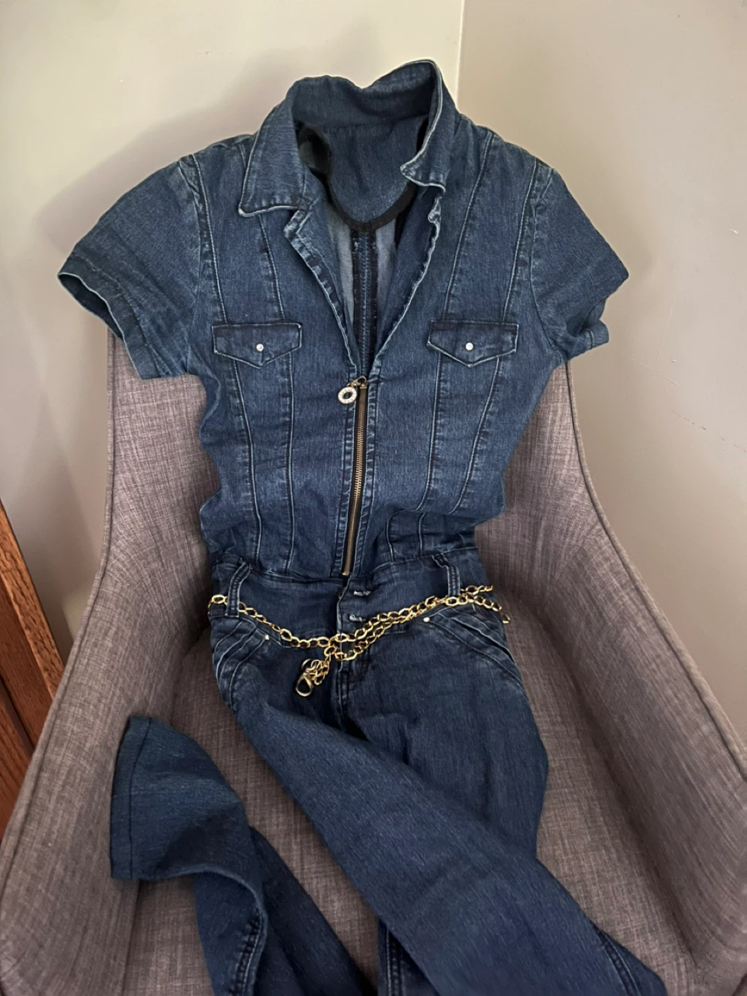 Denim Jumpsuit with Gold Chain Belt - photo 2