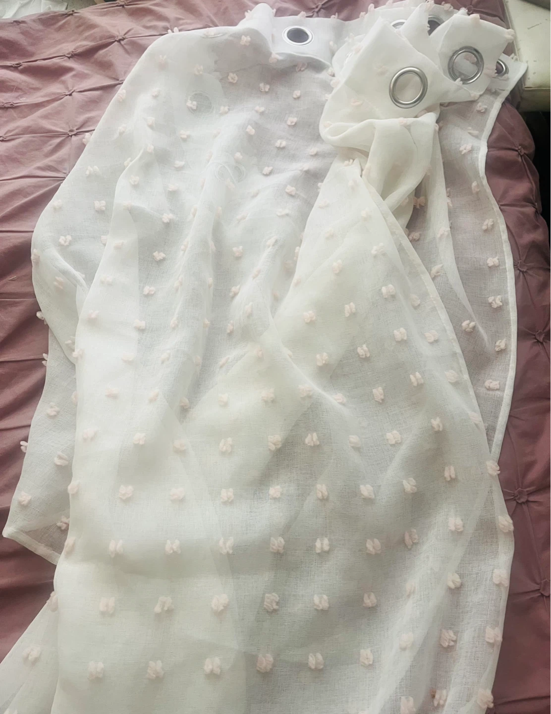 White Sheer Curtains with Pink Pom Poms - photo 2