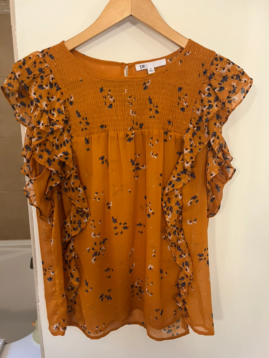DR2 Burnt Orange Floral Ruffle Sleeve Blouse