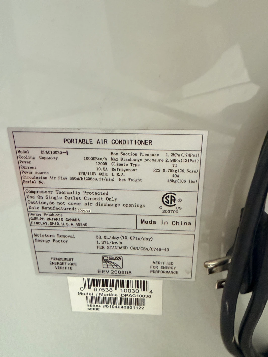 Danby Portable Air Conditioner DPAC10030-1 - photo 3