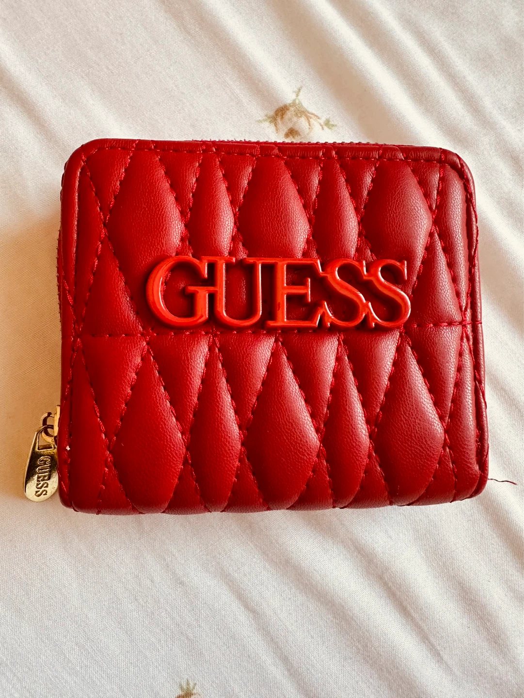 Red GUESS Quilted Zip-Around Wallet