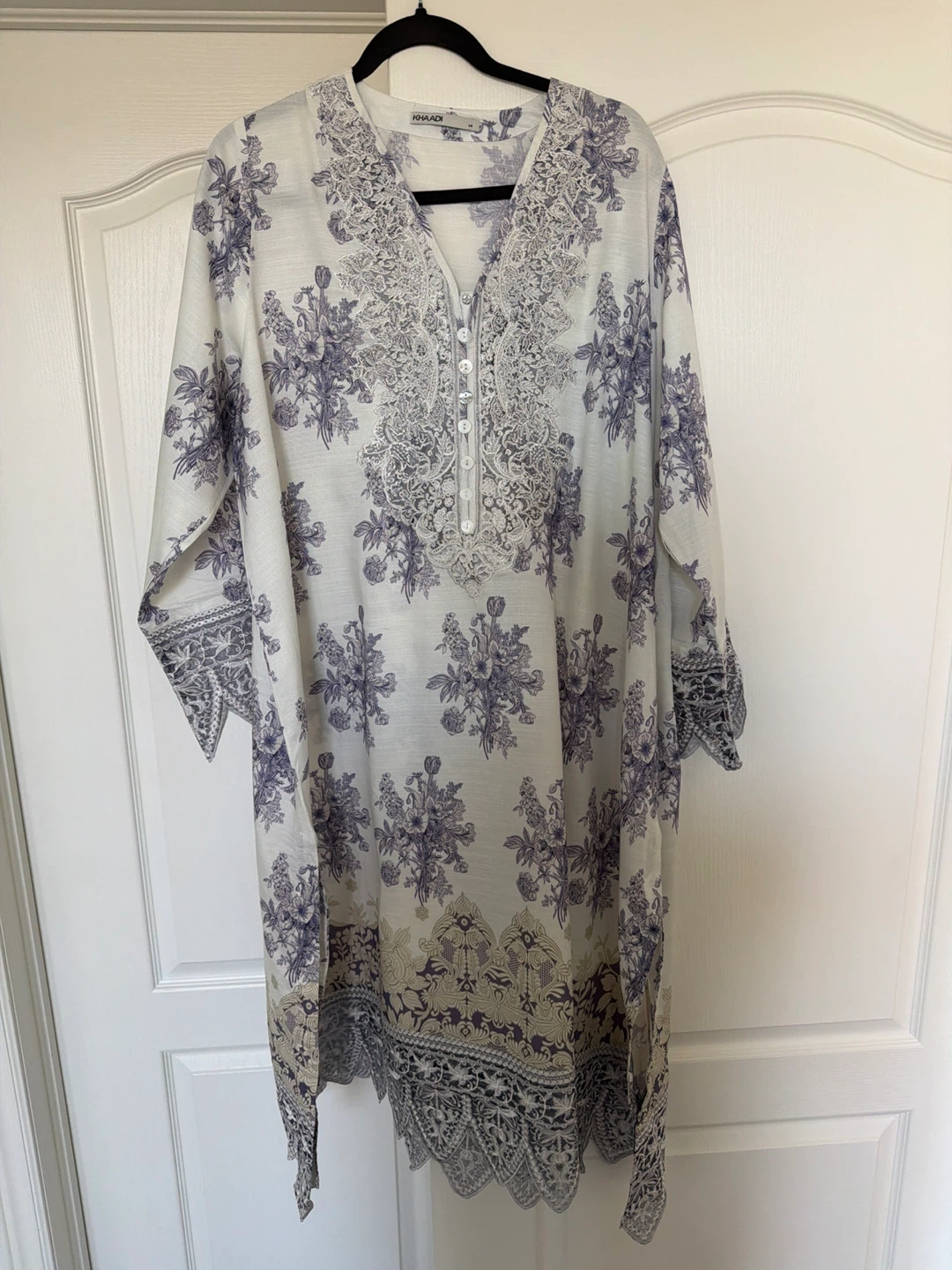 Khaadi White & Blue Floral Print Kurta - Size M