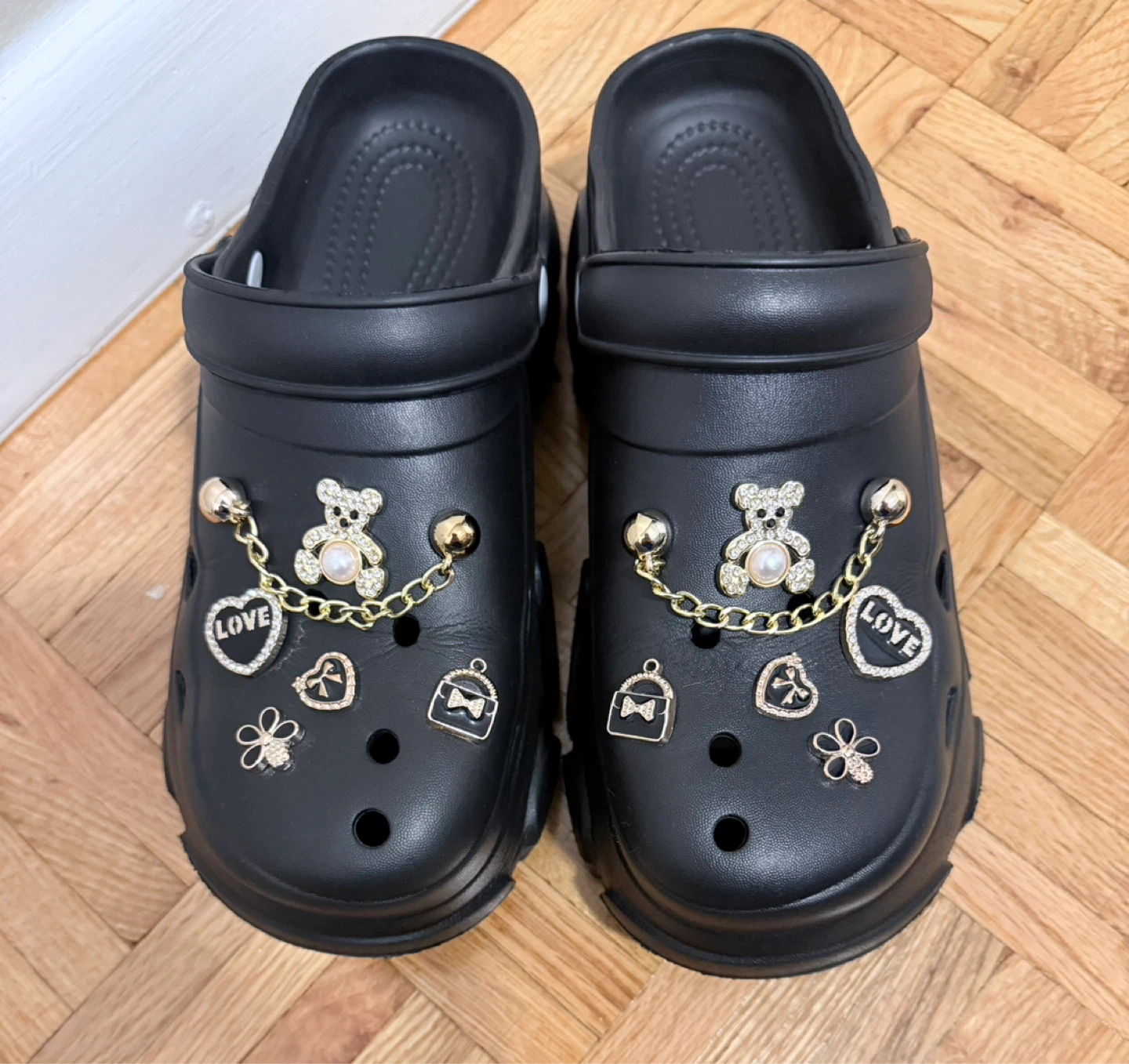 Black Platform Clogs with Charms