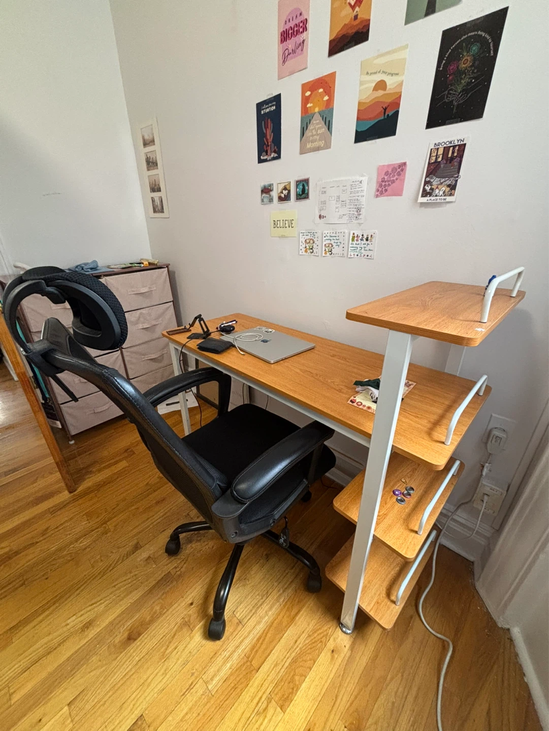 Wooden Desk with Shelving Unit + Chair