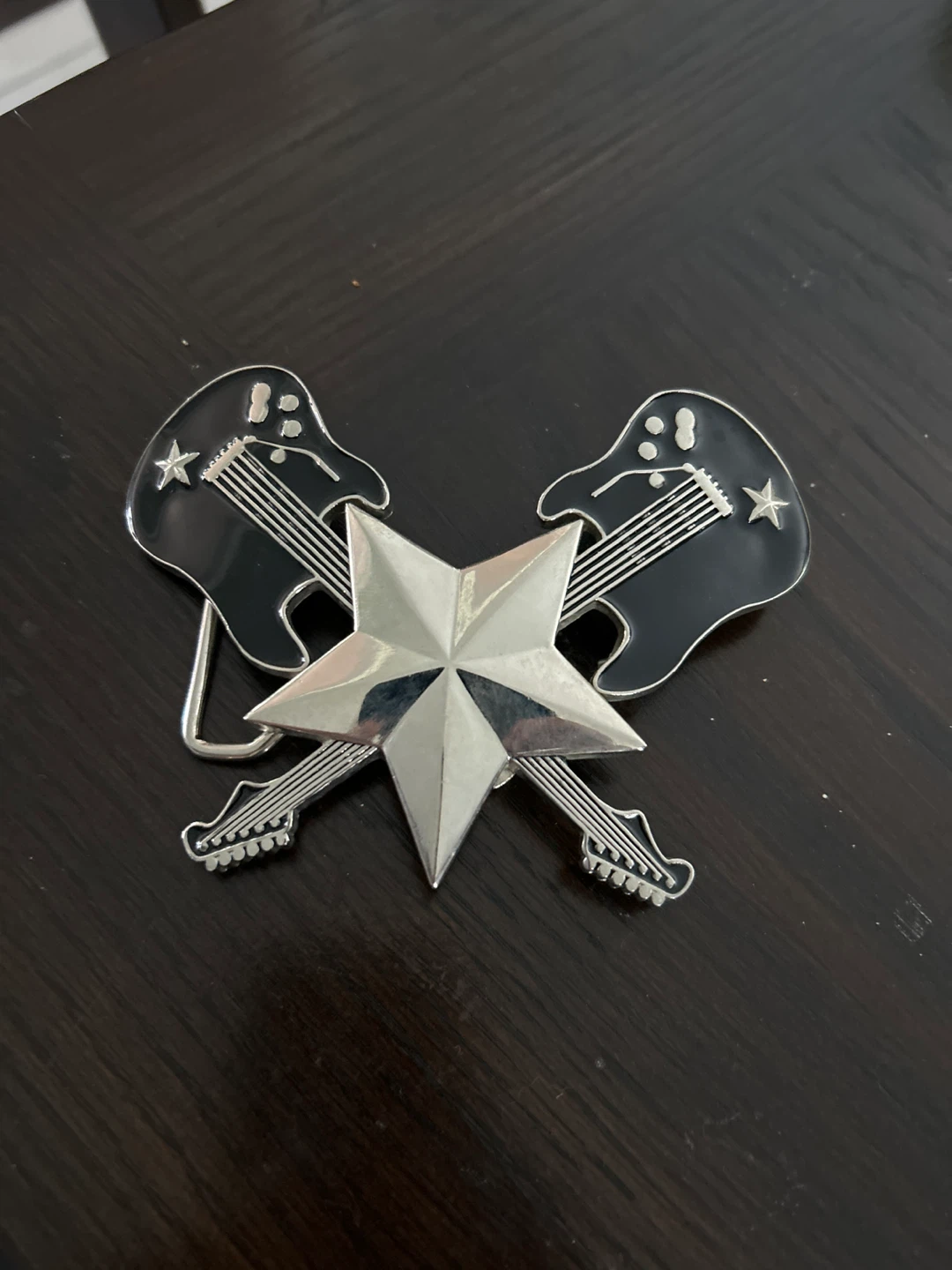 Rock star black and silver guitar belt buckle