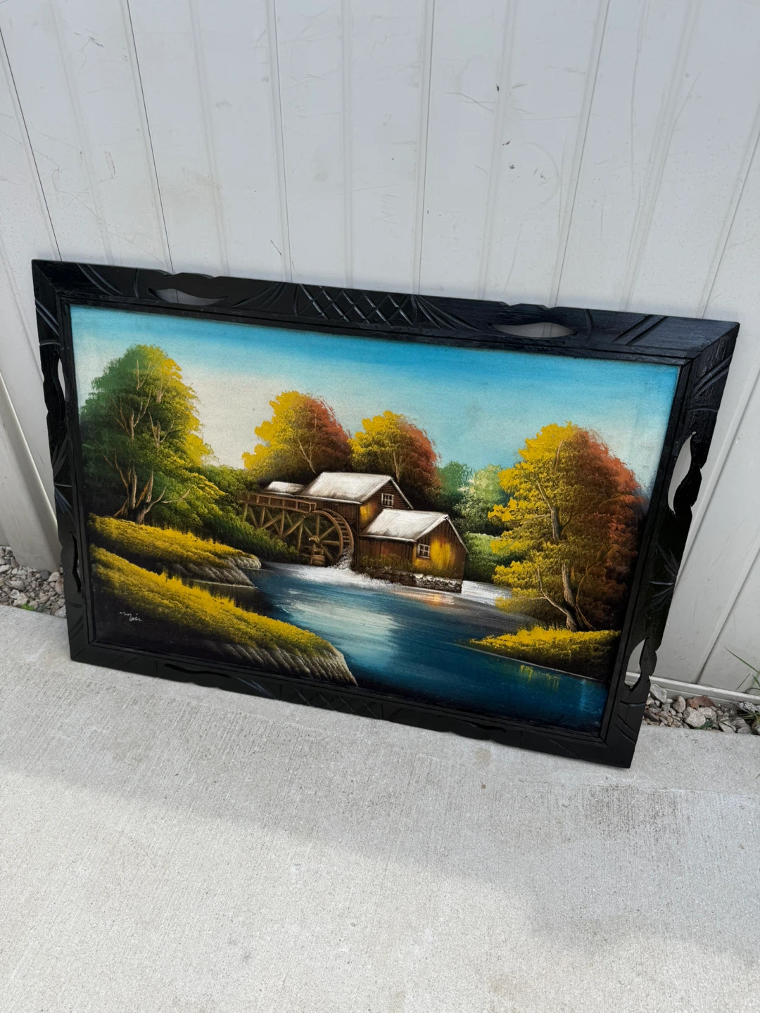 Vintage Landscape Painting Watermill Scene