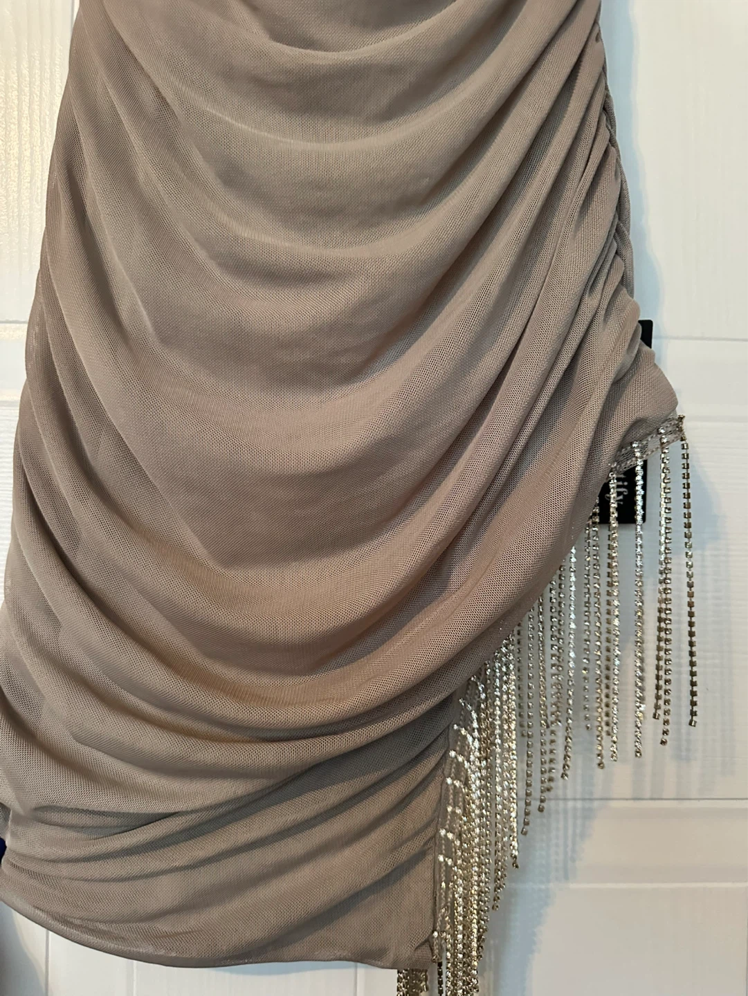 J is for Justify Ruched Rhinestone Tassel Dress (Small)