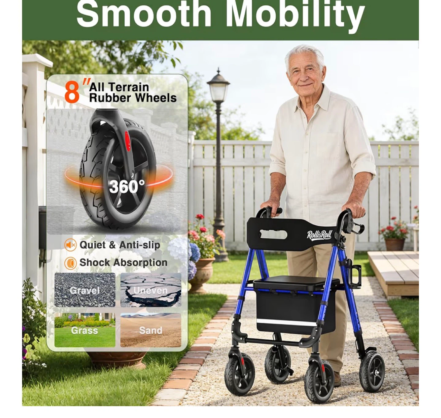 RollisRoll Blue All Terrain Rollator Walker with 8" Wheels - photo 4