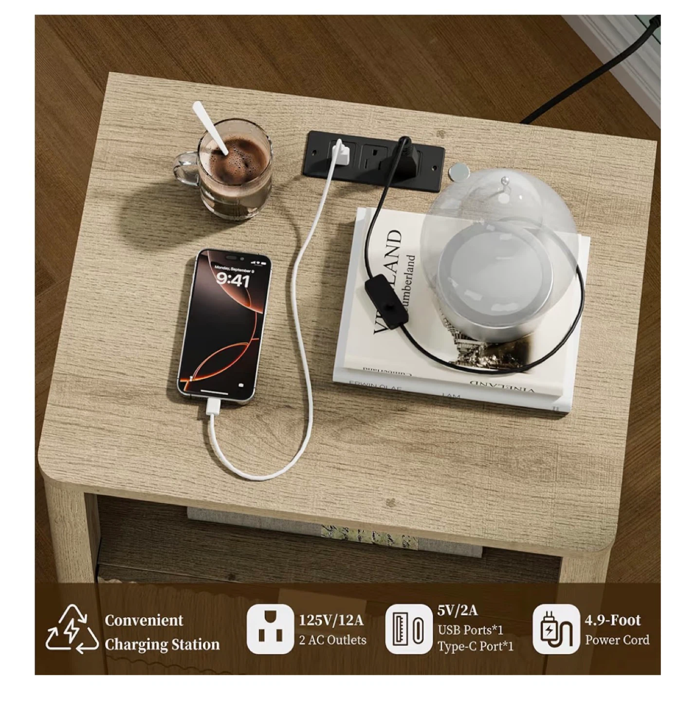 Modern Wood Nightstand with Smart Motion Sensor Lighting - photo 3