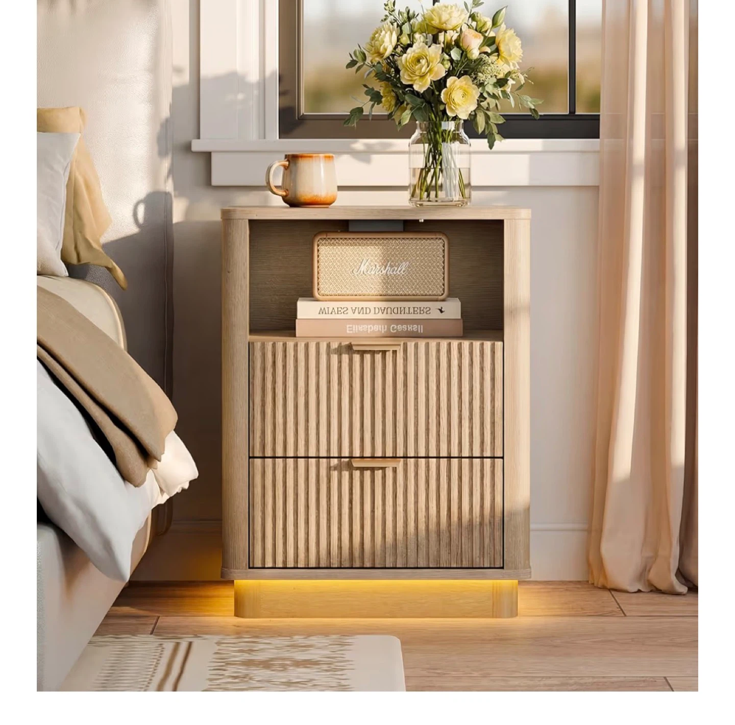 Modern Wood Nightstand with Smart Motion Sensor Lighting