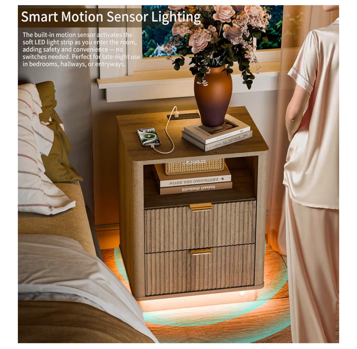 Modern Wood Nightstand with Smart Motion Sensor Lighting - photo 4