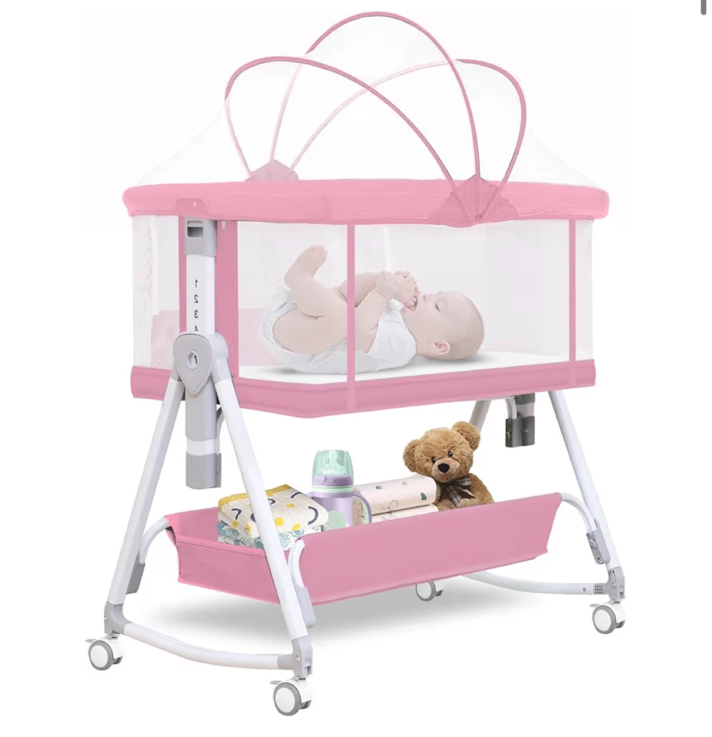 Pink Rocking Bassinet with Storage Basket
