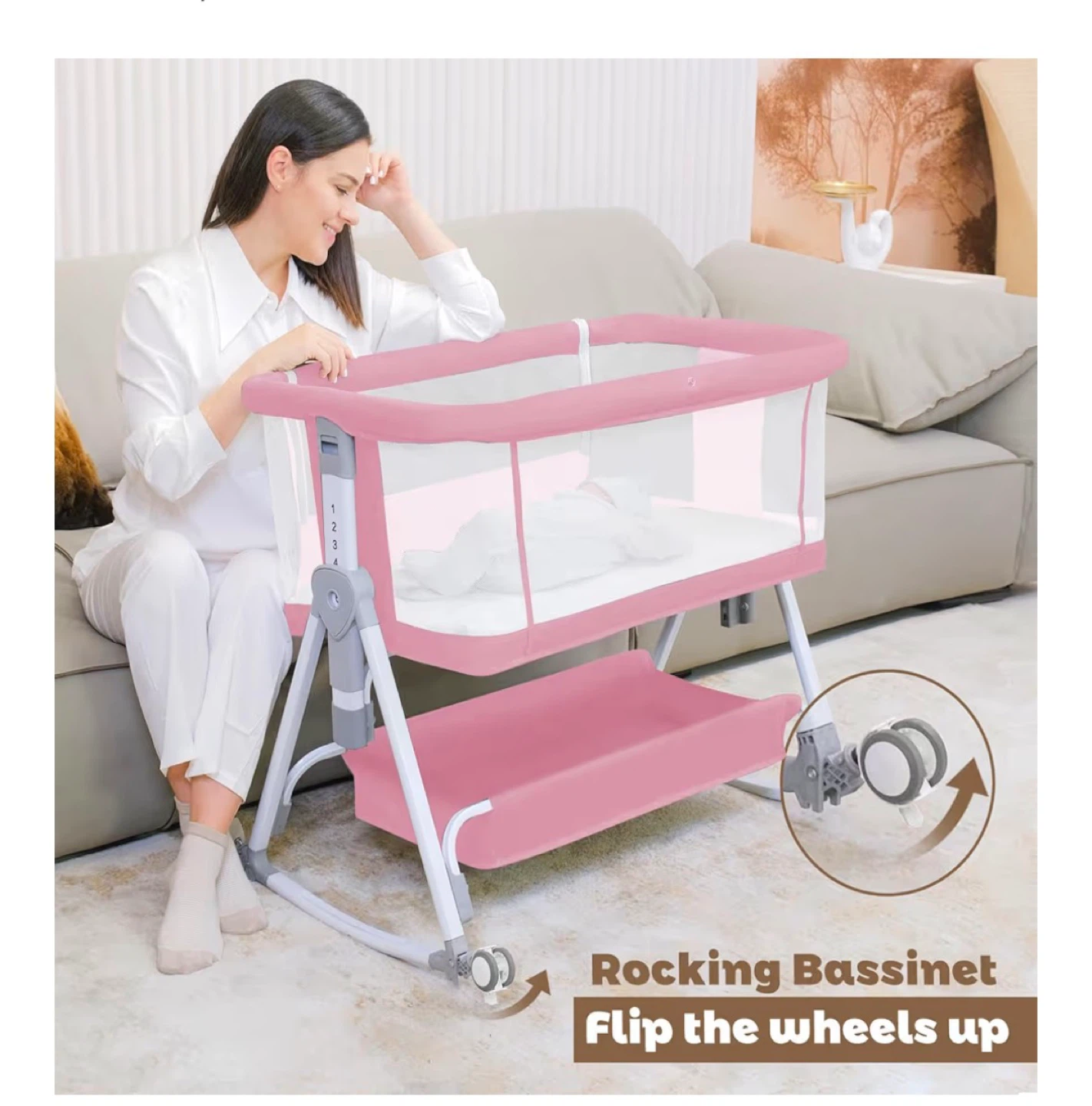 Pink Rocking Bassinet with Storage Basket - photo 2