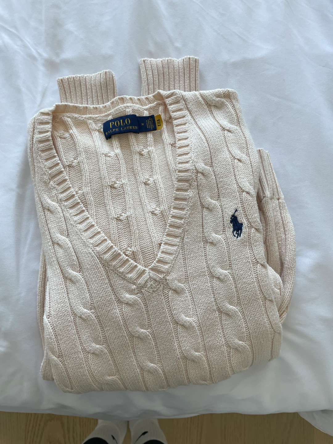 Polo Ralph Lauren Cream Cable Knit V-Neck Sweater