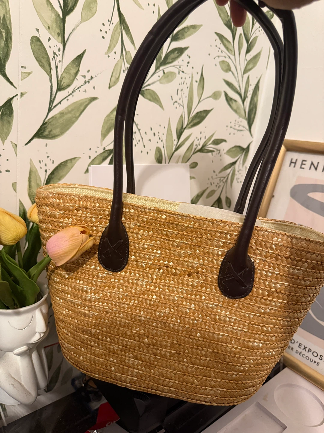 Straw Tote Bag with Leather Handles