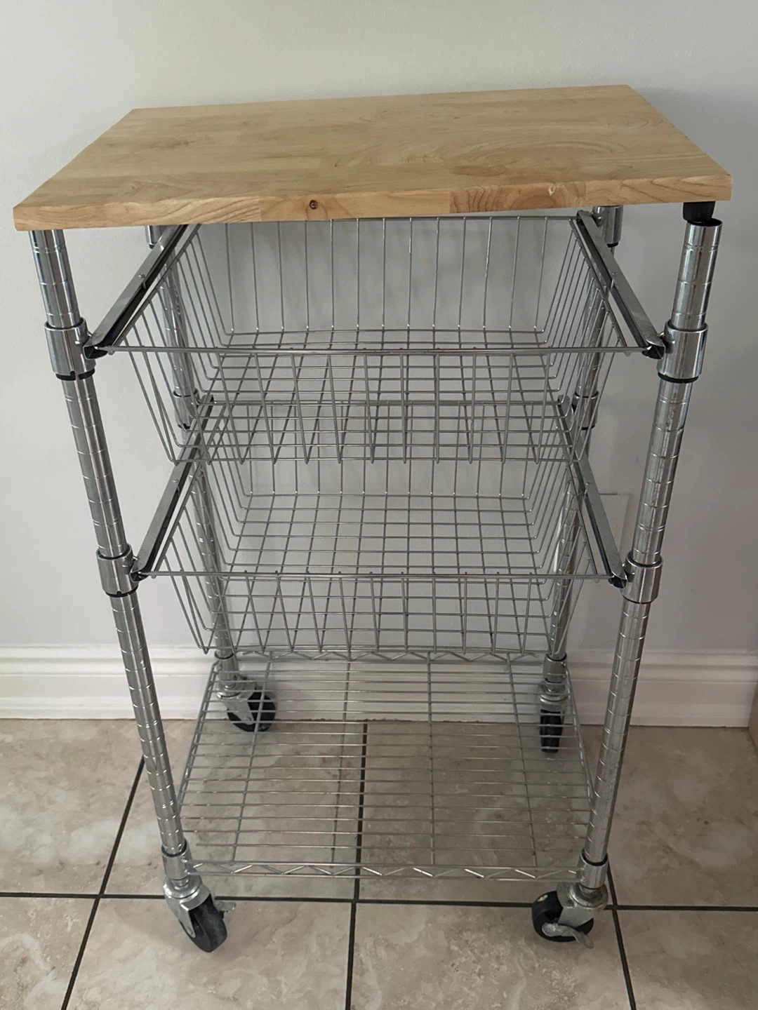 Rolling Kitchen Cart with 3 Wire Baskets and Wood Top