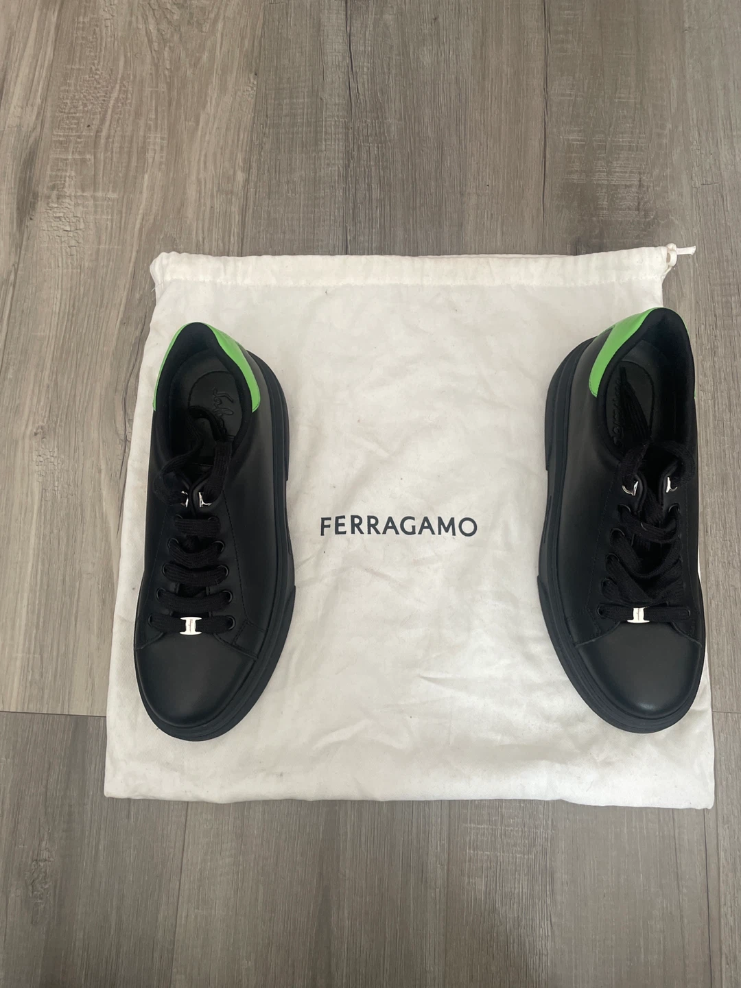 Salvatore Ferragamo Black Leather Sneakers with Neon Accent
