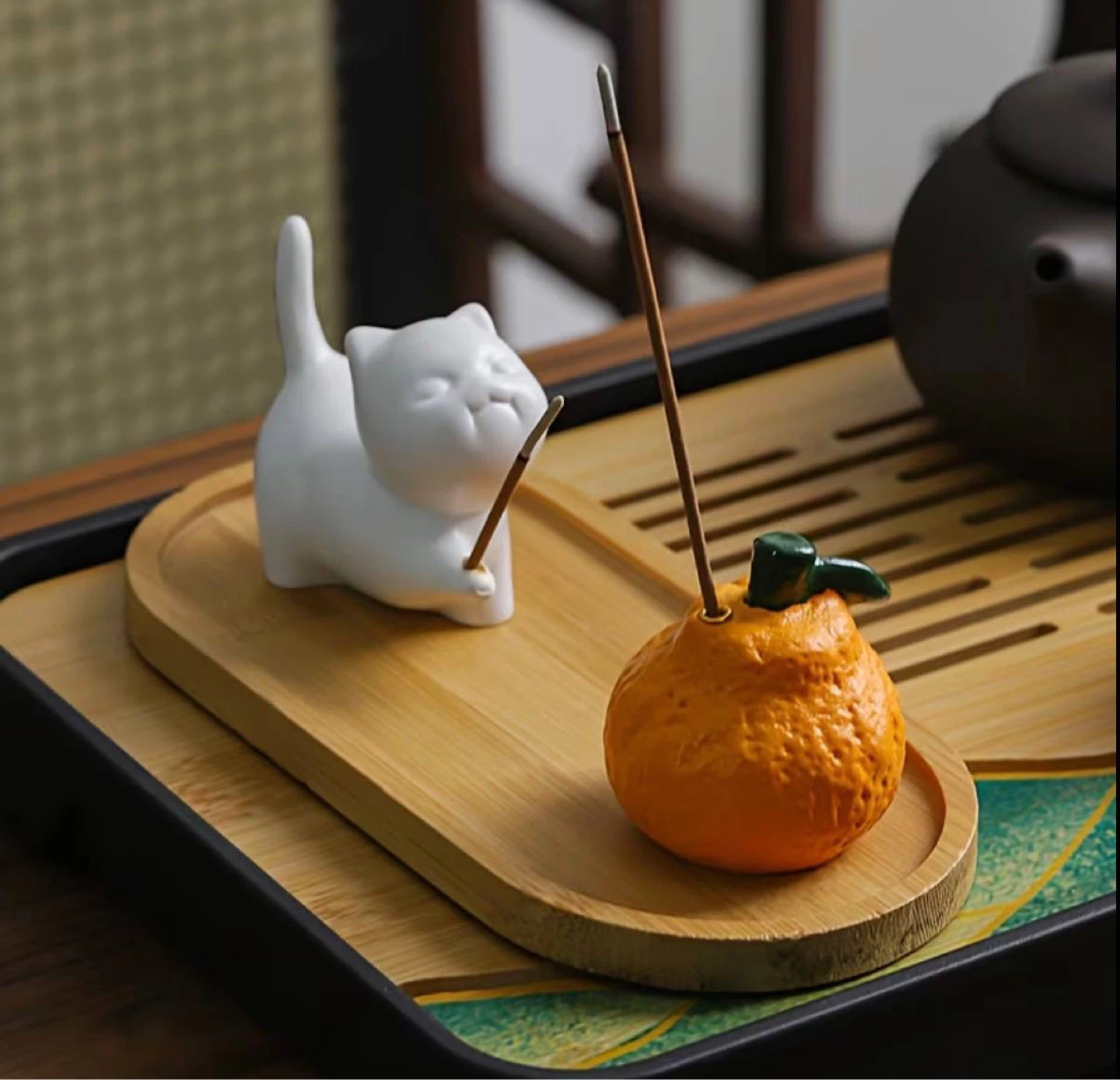 Cute Cat & Tangerine Incense Holder Set
