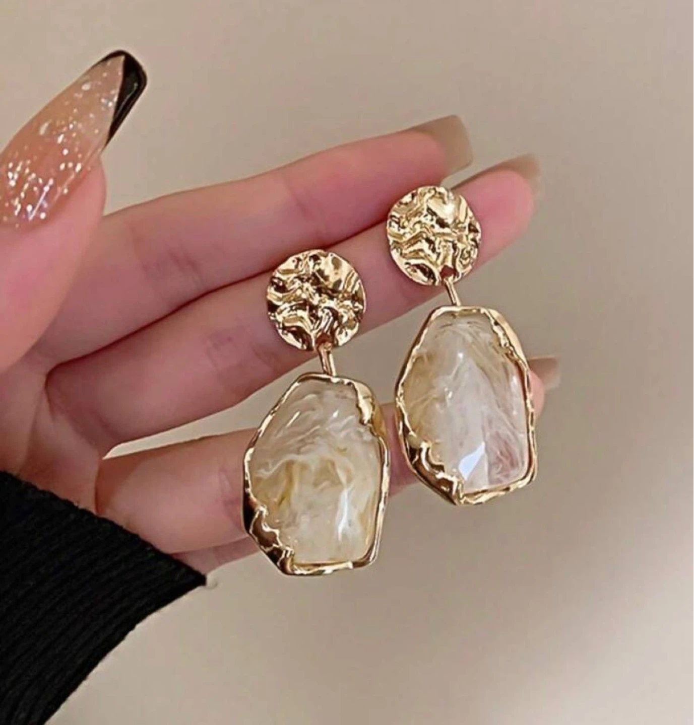 Gold & Cream Resin Drop Earrings