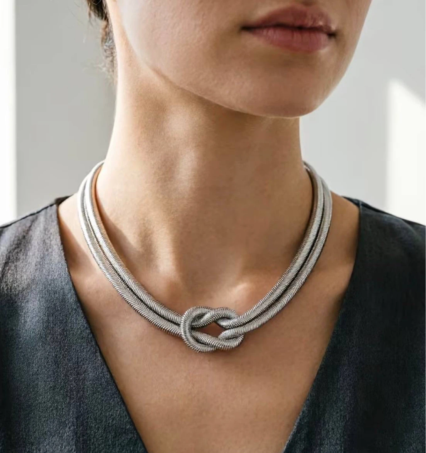 Double Snake Chain Knot Necklace – Silver colour
