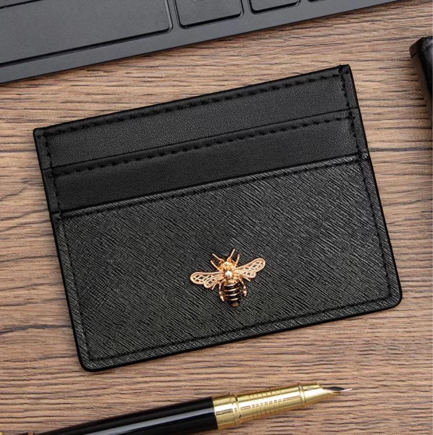 Card Holder with Gold Bee – Black - photo 3