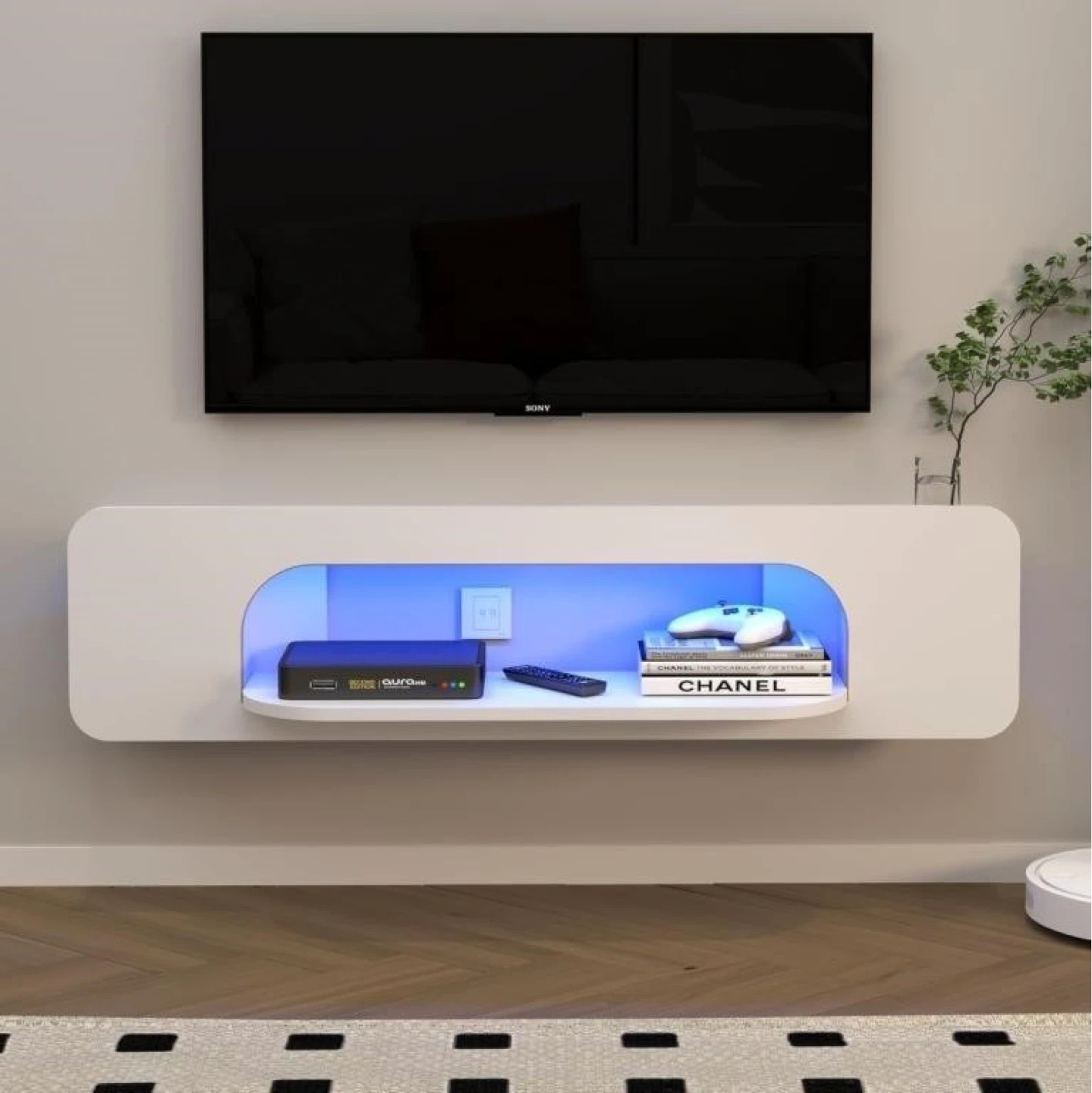 White Wall-Mounted TV Stand with LED Lights - photo 4