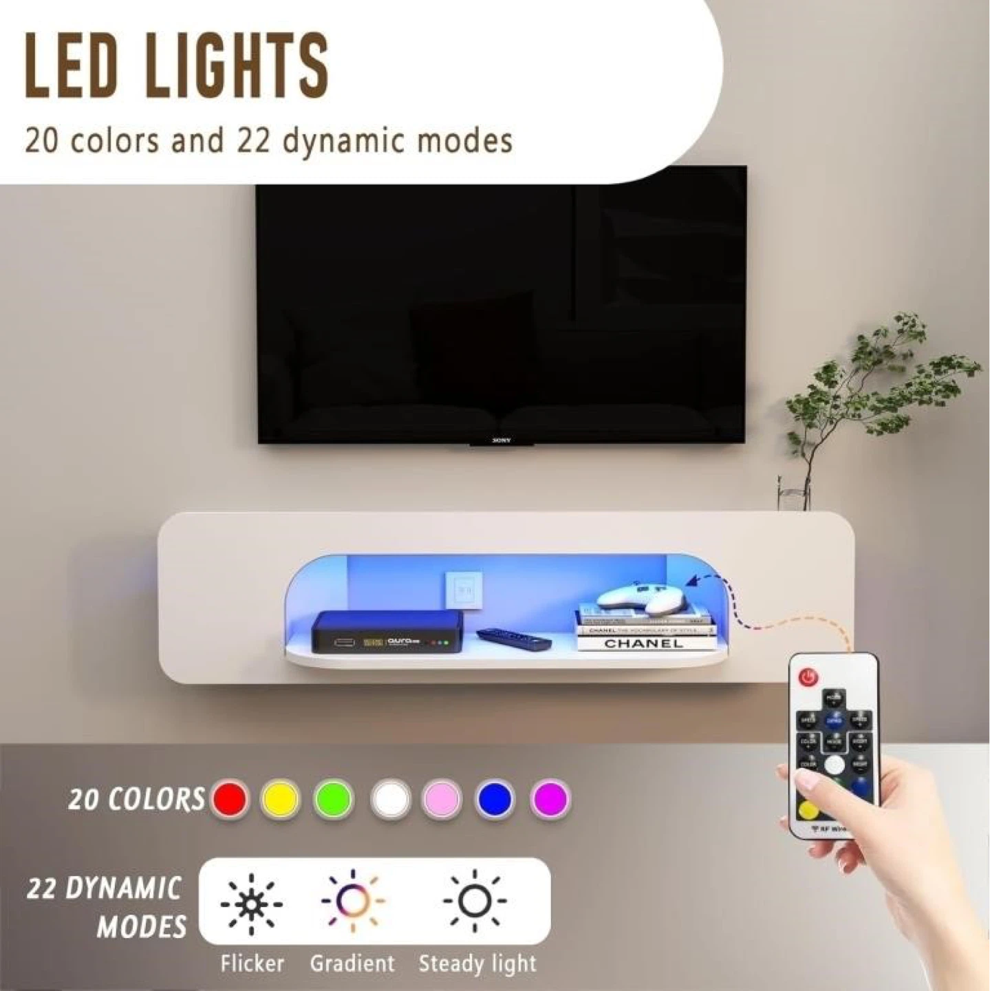 White Wall-Mounted TV Stand with LED Lights